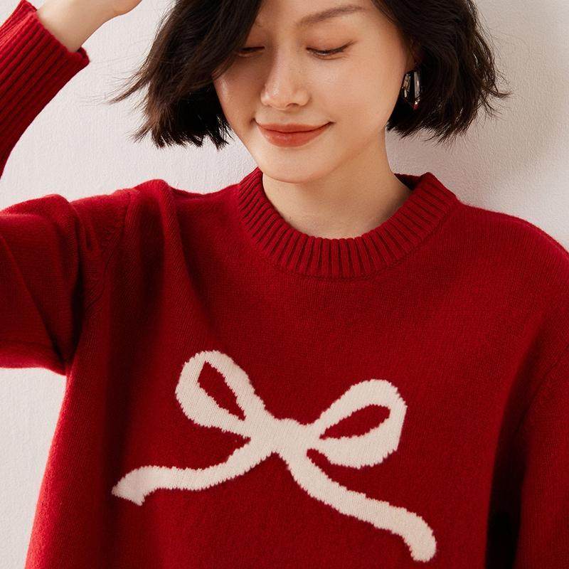 秋冬新款女100%纯羊毛毛衣休闲蝴蝶结刺绣百搭舒适显瘦针织打底衫