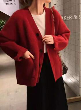 2025新款秋冬100%纯羊毛V领针织开衫女纯色红色毛衣羊绒宽松外套