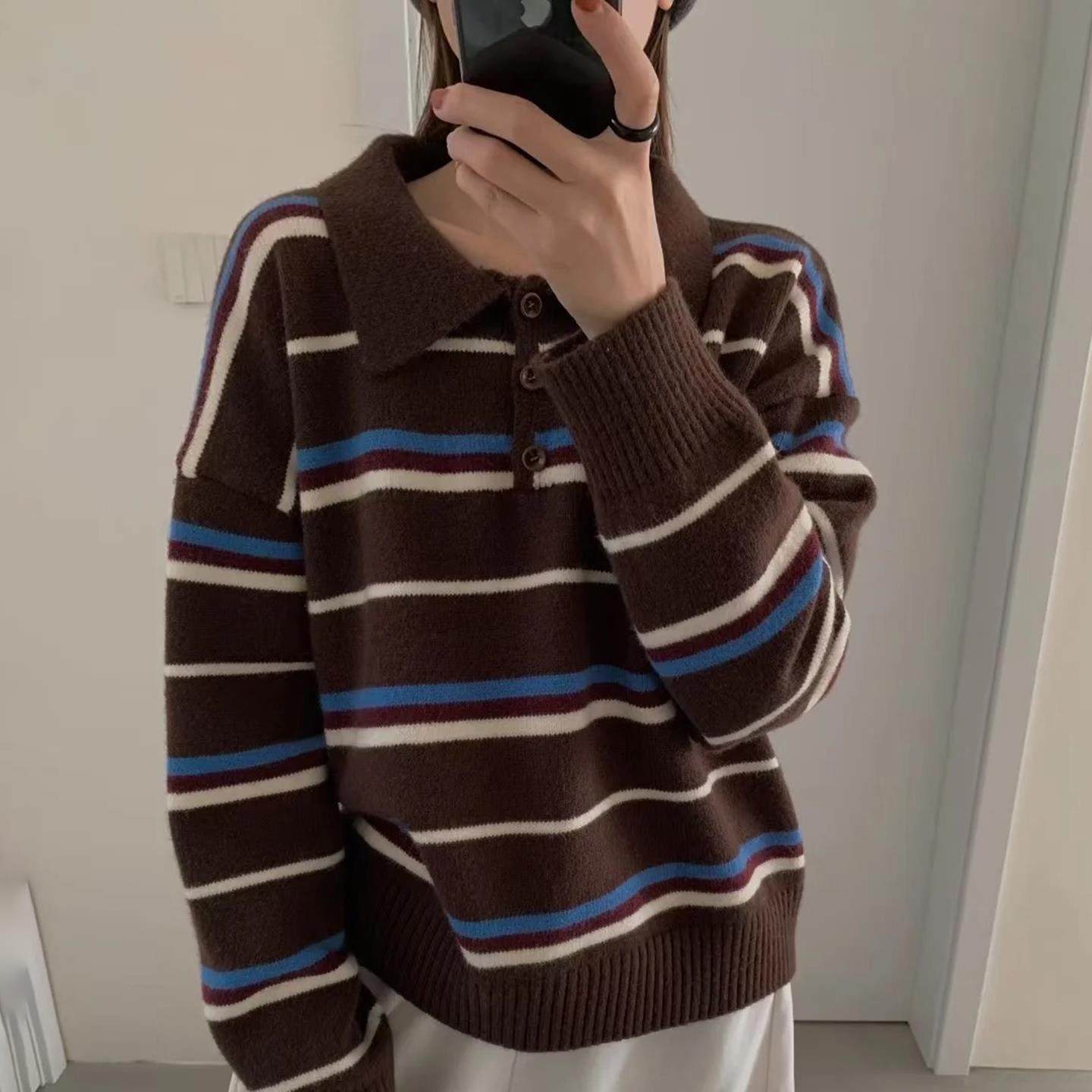 2025秋冬新款100%纯羊毛衫女翻领条纹针织衫宽松显瘦百搭毛衣上衣