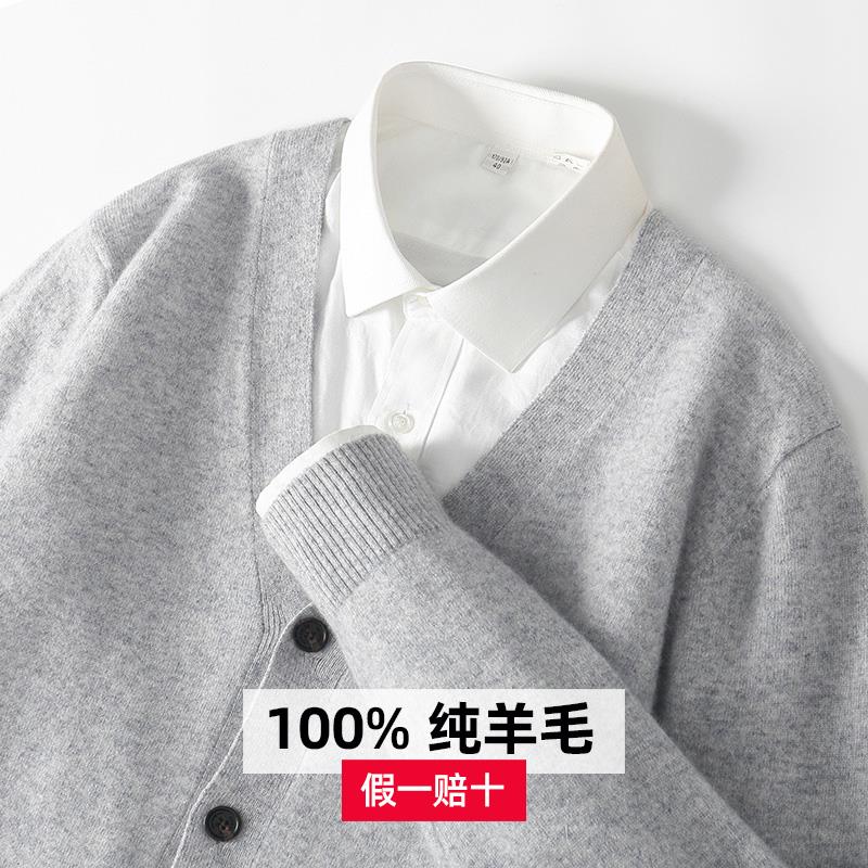 2025新款春秋纯羊毛开衫男V领青年商务休闲大码针织时尚羊绒外套