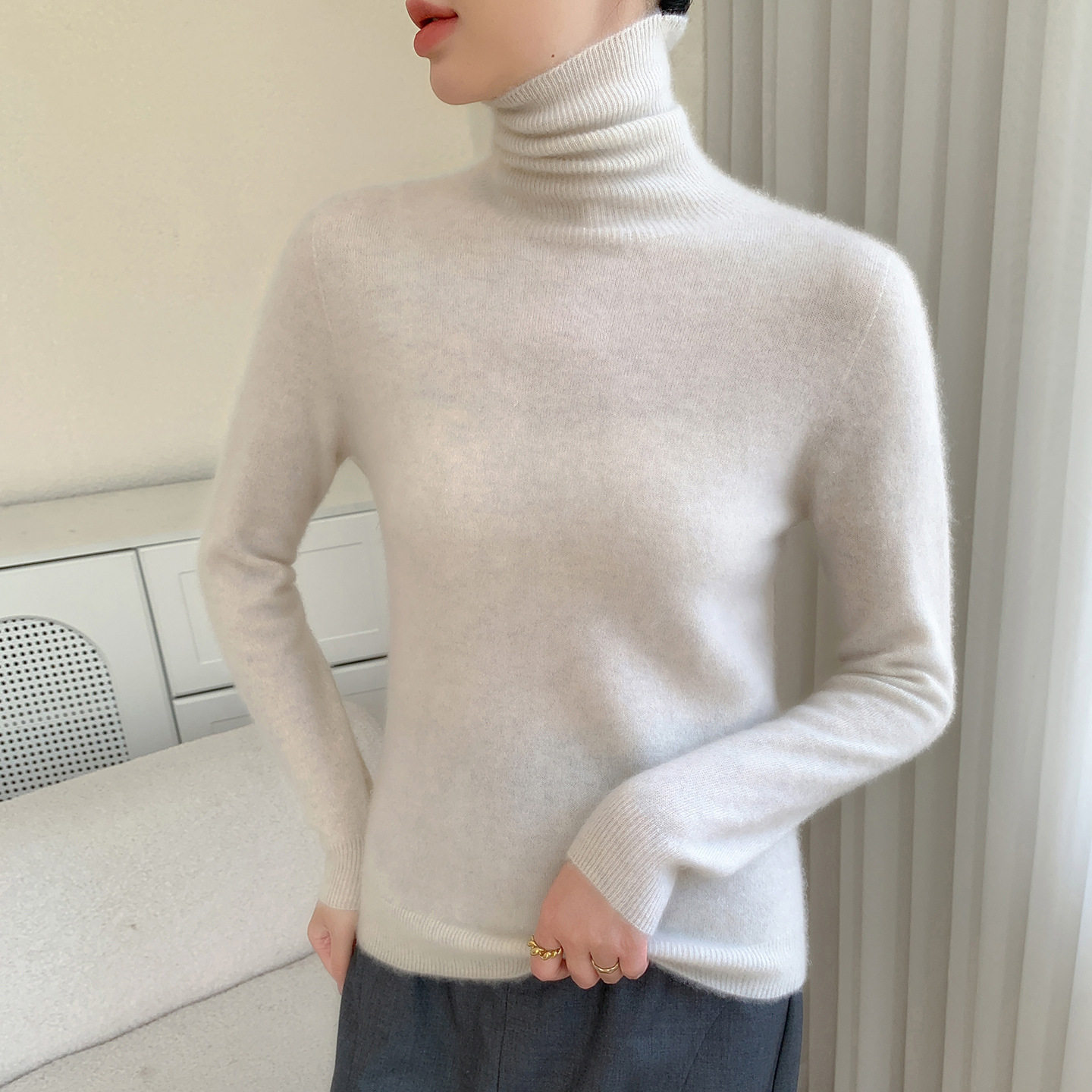 山羊绒针织衫秋冬新款女套头长袖百搭堆堆领休闲内搭打底毛衣