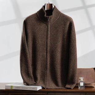 高品质重磅特厚花纱侧兜100%纯山羊绒男士半高领拉炼开衫外套上衣