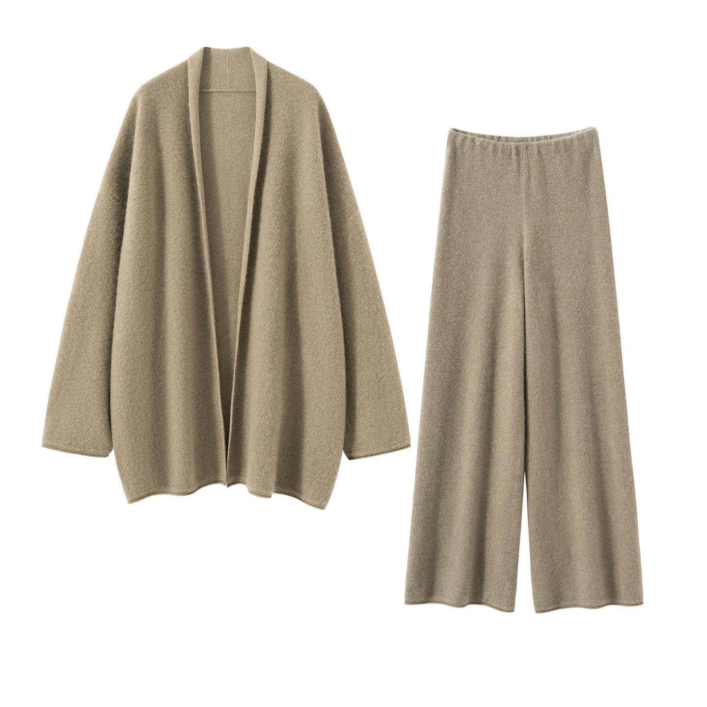 秋冬新款纯山羊绒开衫女套装宽松慵懒风针织毛衣外套阔腿裤两件套