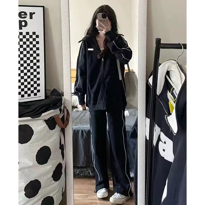 学生韩版宽松大码休闲运动套装女春秋时尚连帽卫衣跑步两件套纯棉