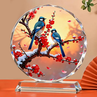 喜上眉梢桌面乔迁礼物摆台定制水晶摆件双喜临门家居客厅玄关装饰