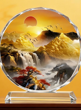 旭日东升乔迁新居礼物客厅玄关摆台日照金山装饰品红太阳水晶摆件