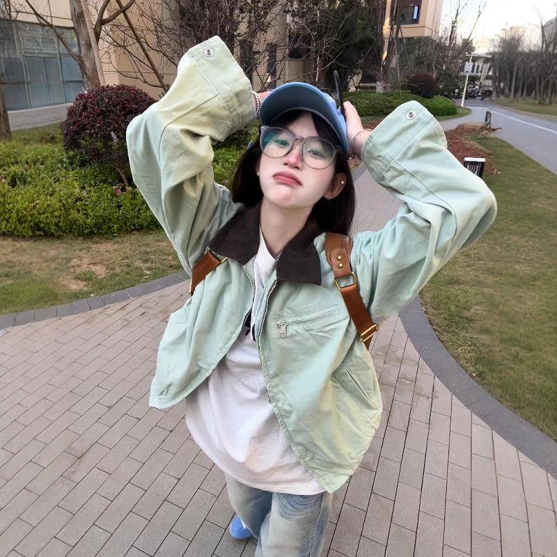 美式复古工装外套女款2025年春秋新款韩系宽松撞色翻领休闲夹克潮