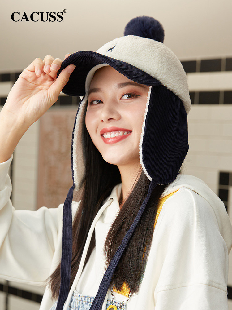 cacuss帽子女防风护耳棒球帽女秋冬保暖可爱泰迪绒鸭舌帽女大头围