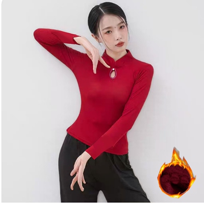 加绒红色上衣修身立领打底衫女