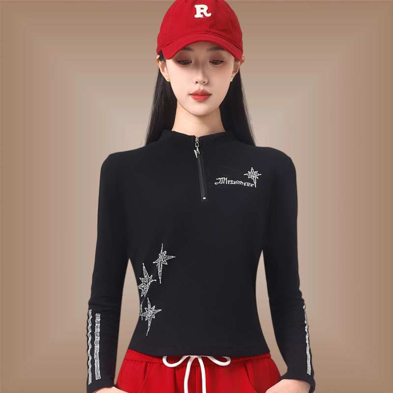 广场舞服装春秋新款健身操运动加绒上衣女鬼步舞时尚镶钻立领长袖