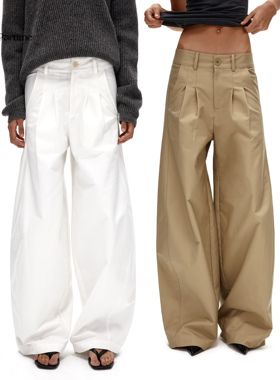 Ours Partime 秋季棉质弧形宽松立裁弯刀香蕉裤休闲长裤白色卡其