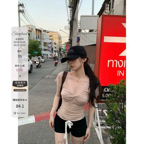 sheepland天使肌肤2.0天丝羊毛V领扭结短袖t恤女春夏慵懒显瘦上衣