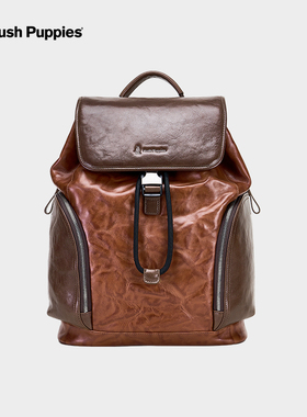 Hush Puppies/暇步士男士双肩包新款多功能真皮背包男时尚通勤包