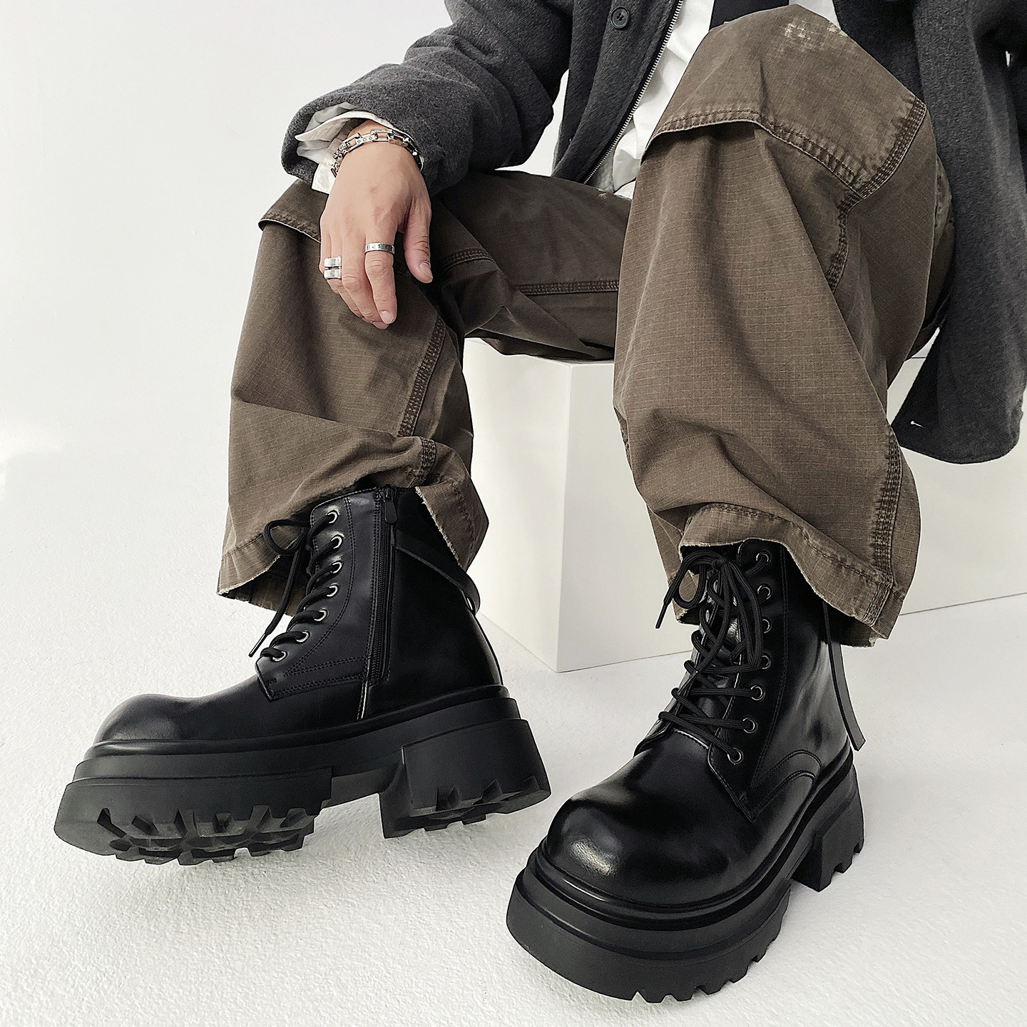 XZ110-251529#厚底马丁靴男春秋增高系带短靴黑色机车靴P130，男装工装外套，星座110