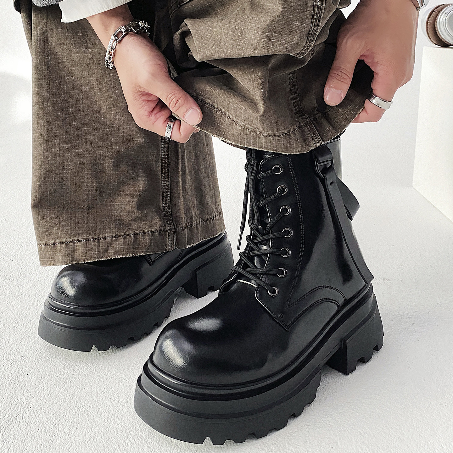 XZ110-251529#马丁靴男中筒黑色系带增高机车靴男友风P130，男装工装外套，星座110