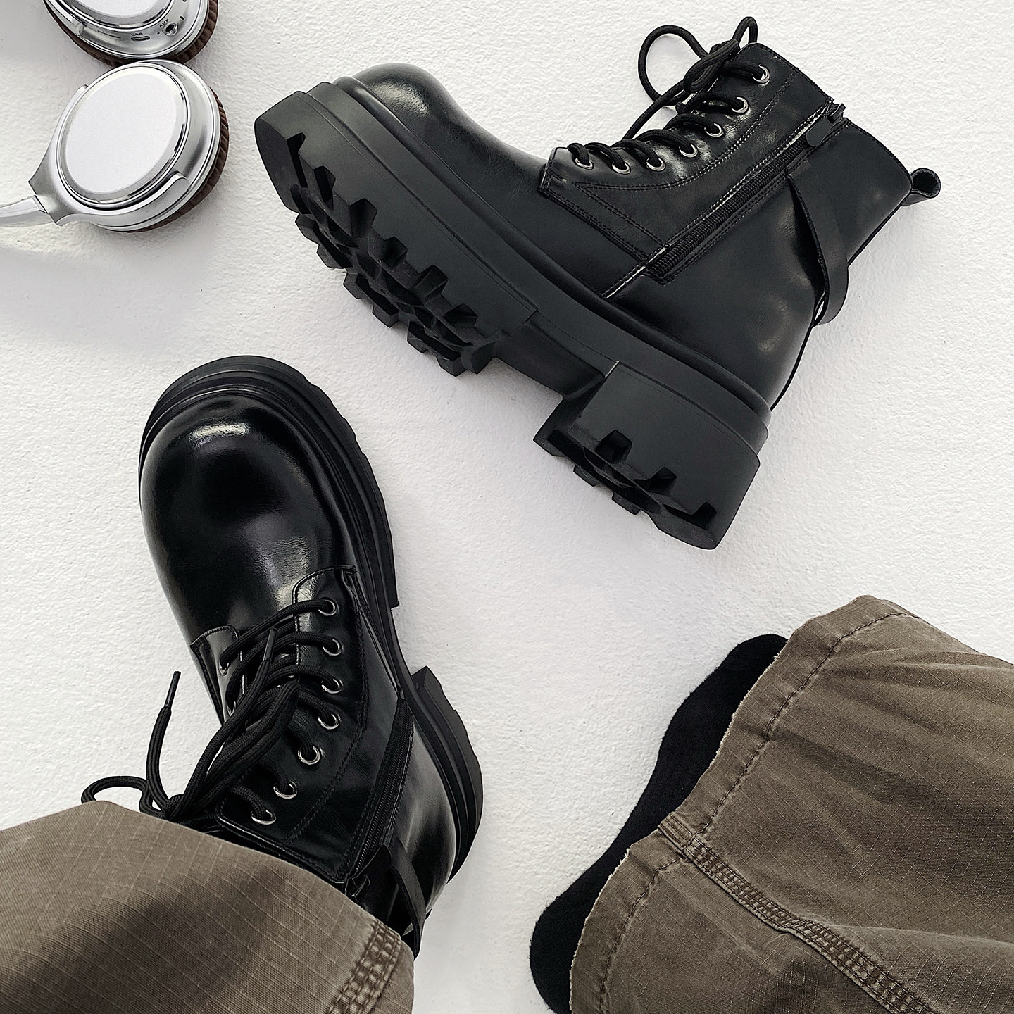 XZ110-251529#厚底马丁靴男春秋增高系带短靴黑色机车靴P130,男装工装外套,星座110