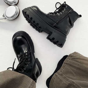 XZ110-251529#厚底马丁靴男春秋增高系带短靴黑色机车靴P130,魏大勋黑色羽绒服搭配图片