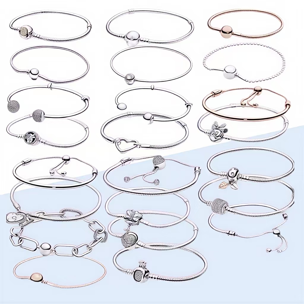 轻奢潘家纯银s925开口手镯拼接珍珠手链蛇骨链DIY伸缩可调节手链