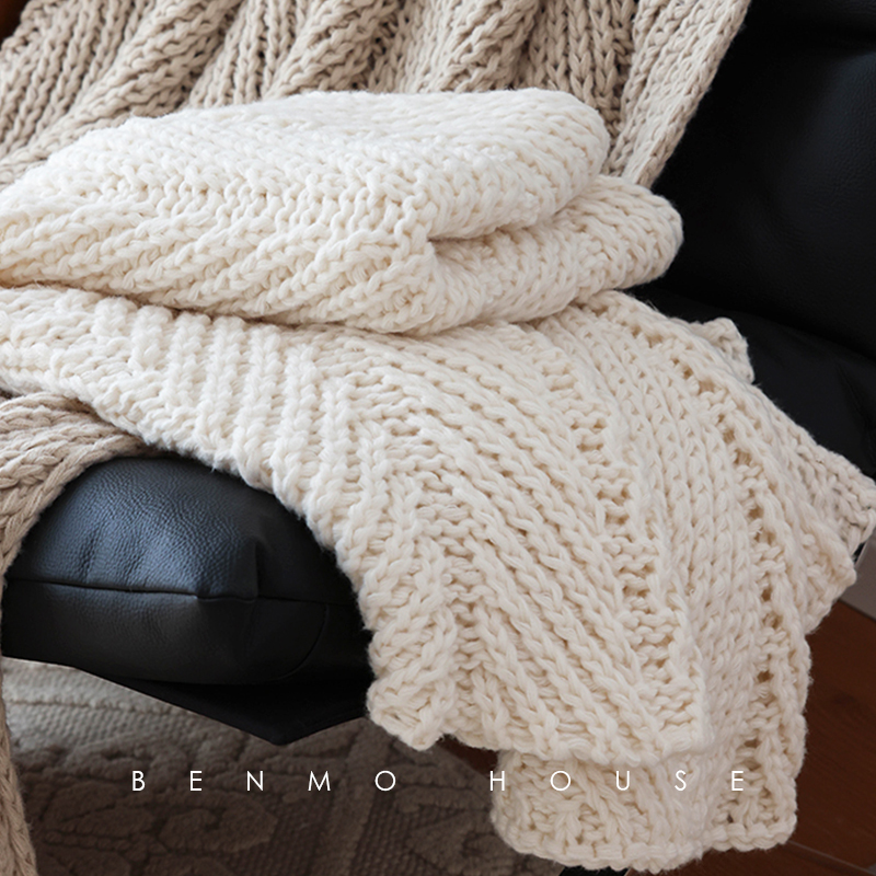 加厚粗棒针针织沙发装饰毯毛线毯搭巾新款仿羊毛法式现代风米白色