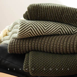 美式复古绿田园风针织沙发装饰毛毯盖毯午睡休闲毯子春夏新款纯色