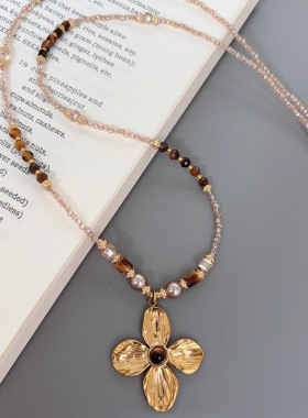 虎眼石珍珠美拉德花串珠长款项链