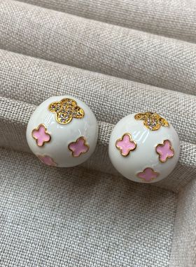 新中式粉色珐琅耳钉原创白色滴釉镶钻简约高级感小众时尚精致耳环