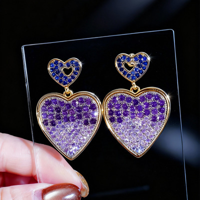 法式轻奢高级感时尚浪漫微镶彩锆爱心耳环轻奢气质百搭银针耳饰