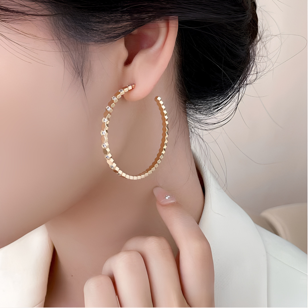 新款轻奢欧美气质夸张蜂巢大耳圈18K玫瑰金小众设计时尚百搭耳环