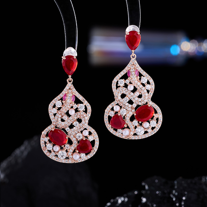 新中式国风镂空灵蛇葫芦耳环女s925银针复古气质长款时尚轻奢耳坠