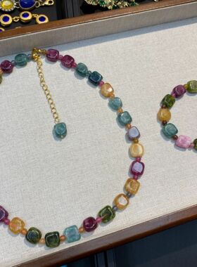 新中式国风串珠项链混彩复古碧玺彩色石头方糖手链女高级感锁骨链