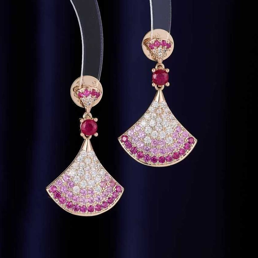 s925银针红刚玉粉裙子耳钉镀18K玫瑰金女轻奢气质高级感扇形耳环