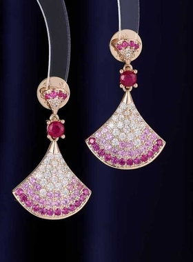 s925银针红刚玉粉裙子耳钉镀18K玫瑰金女轻奢气质高级感扇形耳环