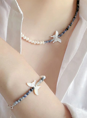 S925纯银天然石蝴蝶珍珠项链女夏季气质百搭高级感毛衣链串珠颈链