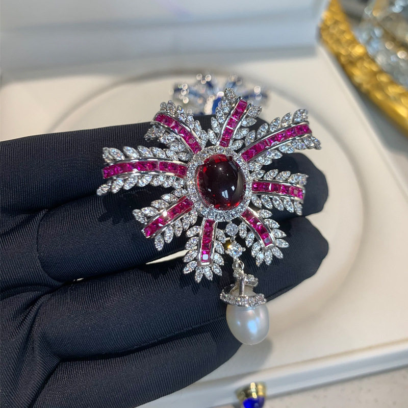 法式轻奢高档蝴蝶结流苏胸针珍珠重工女气质蓝晶石红刚玉贵妇胸花
