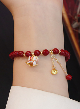 新中式国潮手饰品葫芦莲花马上有钱朱砂手链转运珠女款沙金手串