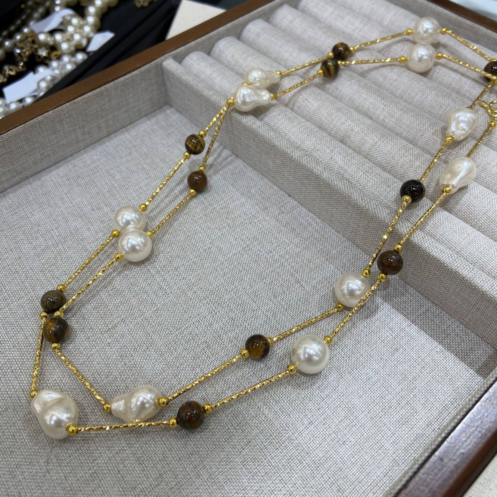 法式复古虎眼石竹节吊坠巴洛克珍珠项链复古美拉德百搭长款毛衣链