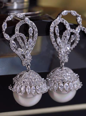 日韩时尚奢华夸张耳环镶锆石珍珠耳坠女晚宴气质耳环孤品清仓促销