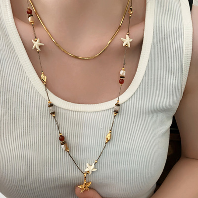 海星吊坠天然石串珠项链配饰女复古气质长款毛衣链轻奢小众高级感
