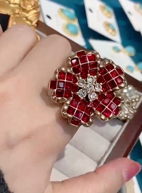 中古vintage饰品轻奢复古花朵立体气质夸张镶红宝石花朵高档戒指