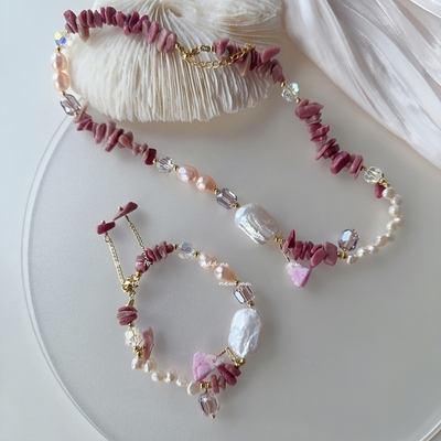 原创设计串珠项链轻奢复古手链蔷薇石粉色巴洛克天然淡水珍珠套装
