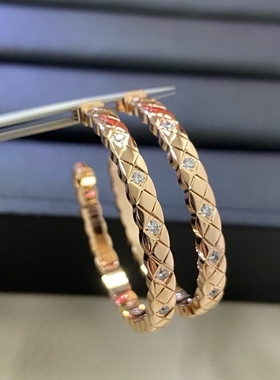 s925银针镶钻耳环菱格纹法式复古菱面电镀18k耳圈轻奢高级感耳环