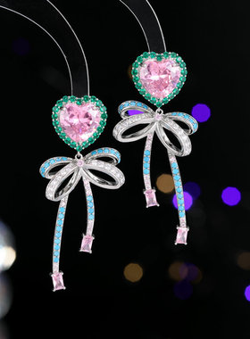 重工高级感耳饰心形锆石轻奢个性晚宴礼服S925银针爱心蝴蝶结耳环