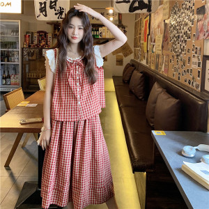 现货2025夏季新款128-2562-P145-K208学院清新红格子蕾丝边套装裙图片