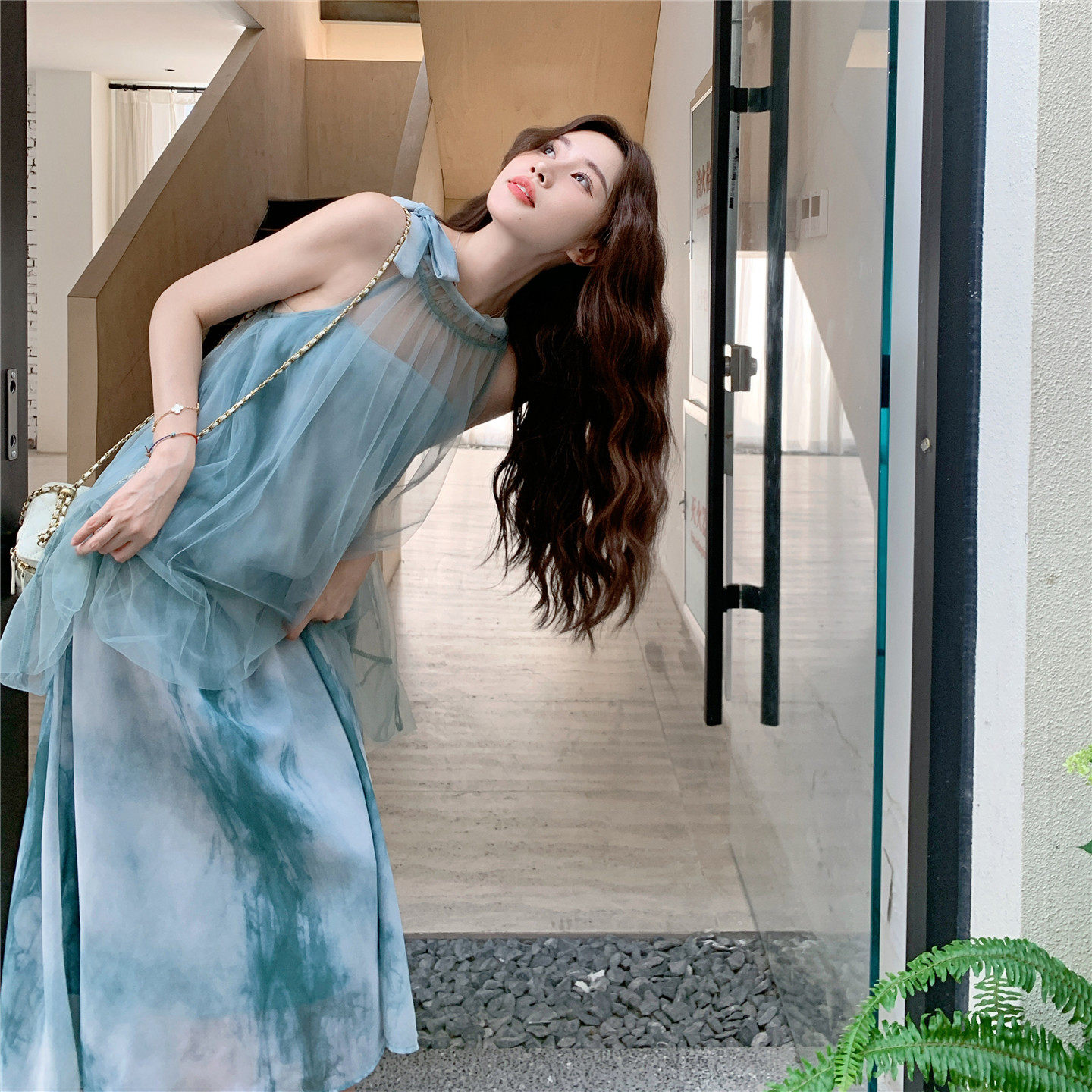 浅蓝色超好看扎染连衣裙女2025年夏季新款法式度假风气质绝美长裙,女装连衣裙,浙宝128（原290）