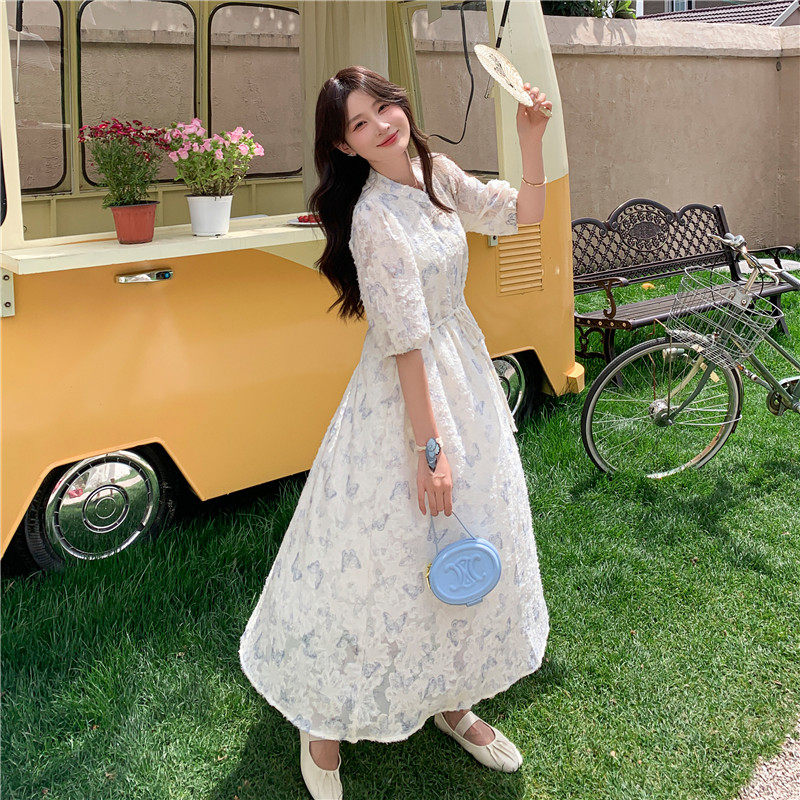 现货数据好2025夏款128-Y16-P125-K188新中式盘扣蝴蝶印花裙,女装连衣裙,浙宝128（原290）
