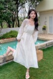 独特漂亮绝美白色长袖薄纱防晒连衣裙女春夏2025仙气收腰度假长裙，女装连衣裙，浙宝128（原290）