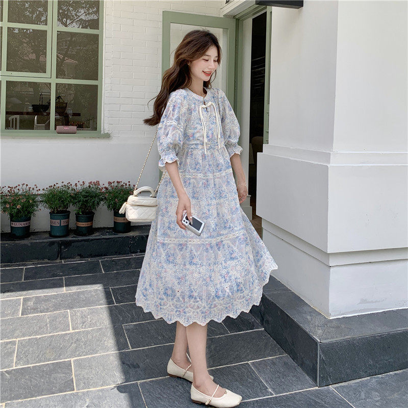 国风盘扣碎花连衣裙女夏新款度假小个子减龄泡泡袖仙女新中式裙子,女装连衣裙,浙宝128（原290）