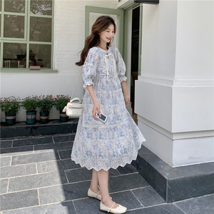 国风盘扣碎花连衣裙女夏新款度假小个子减龄泡泡袖仙女新中式裙子图片