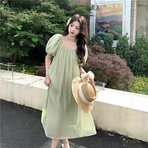 法式温柔风圆领泡泡袖连衣裙女2025夏季新款韩版收腰显瘦桔梗长裙图片