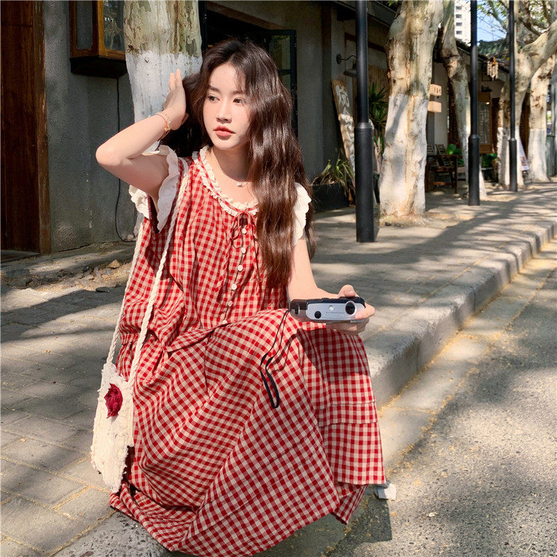 现货数据好2025夏季新款128-2562-P145-K208红格蕾丝边全棉套装裙,女装套装/套裙,浙宝128（原290）
